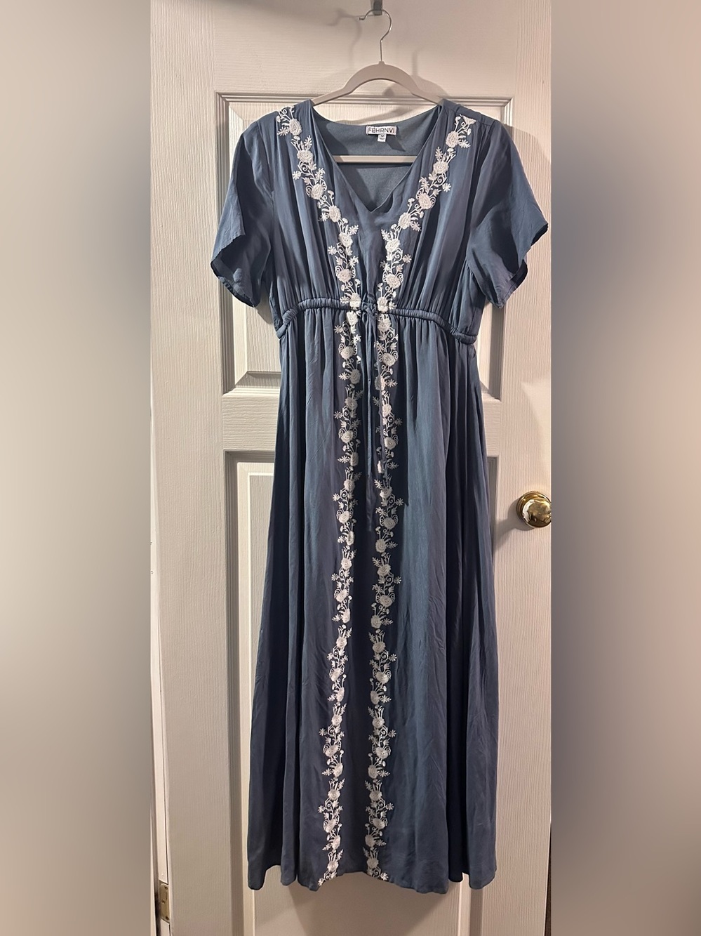 Embroidered V-Neck Slate Blue Maxi Dress